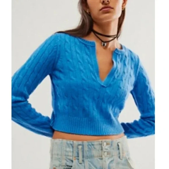 New! Free People Sennen Cashmere Cable Cropped Sweater blue nwot 27167
